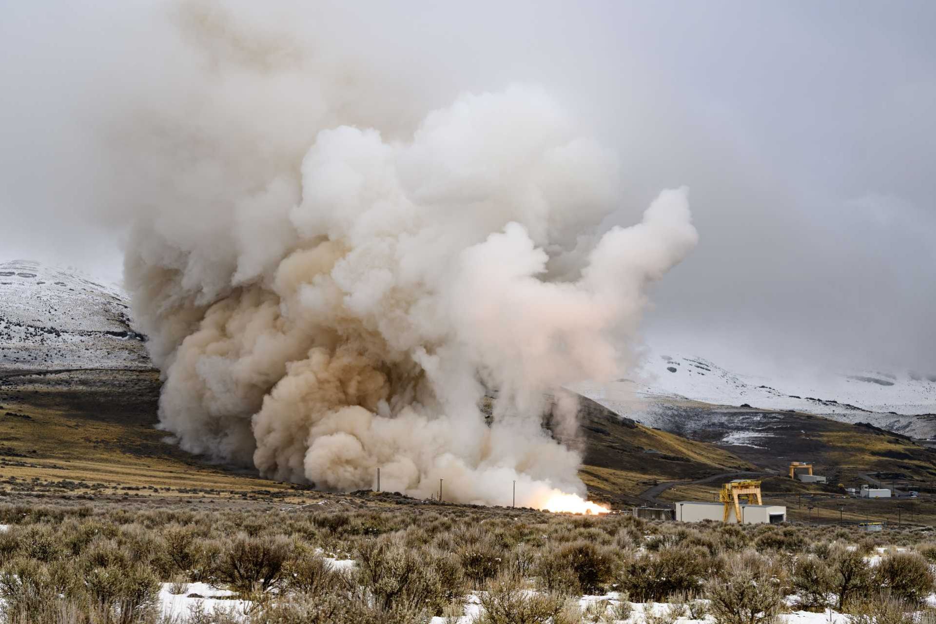 The U.S. Air Force, in partnership with Northrop Grumman, conducts a full-scale static fire test of the Sentinel ICBM’s first-stage solid rocket motor at the company’s Promontory facility in Utah on March 6, 2025.