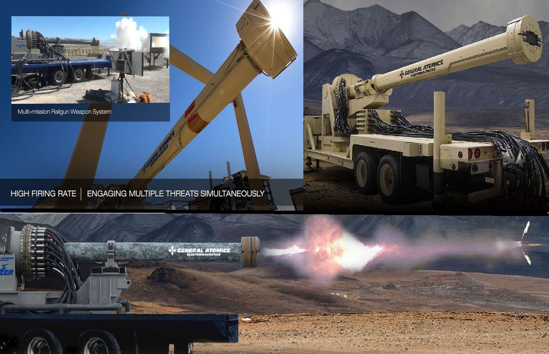 General Atomics’ railgun family (3–32 MJ) is a magazine-deep, containerized launcher firing inert tungsten rounds at claimed Mach-class speeds for terminal air/missile defense, counter-UAS, and counterbattery fires (Picture source: General Atomics).