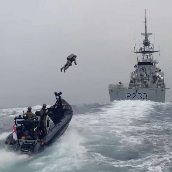 A Royal Marine tests a Gravity Industries jet suit during a boarding exercise. Jet-powered individual lift devices like these are emerging as potential tools for special operations, offering rapid ship-to-shore and urban insertion capabilities despite current limits in endurance and payload (Picture source: Gravity Industries).