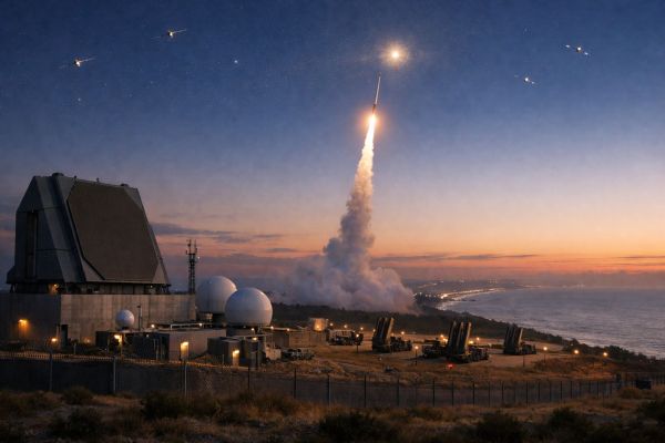 Illustrative concept of the U.S. ‘Golden Dome’ missile defense system, integrating radars, interceptors, and space-based sensors for homeland protection