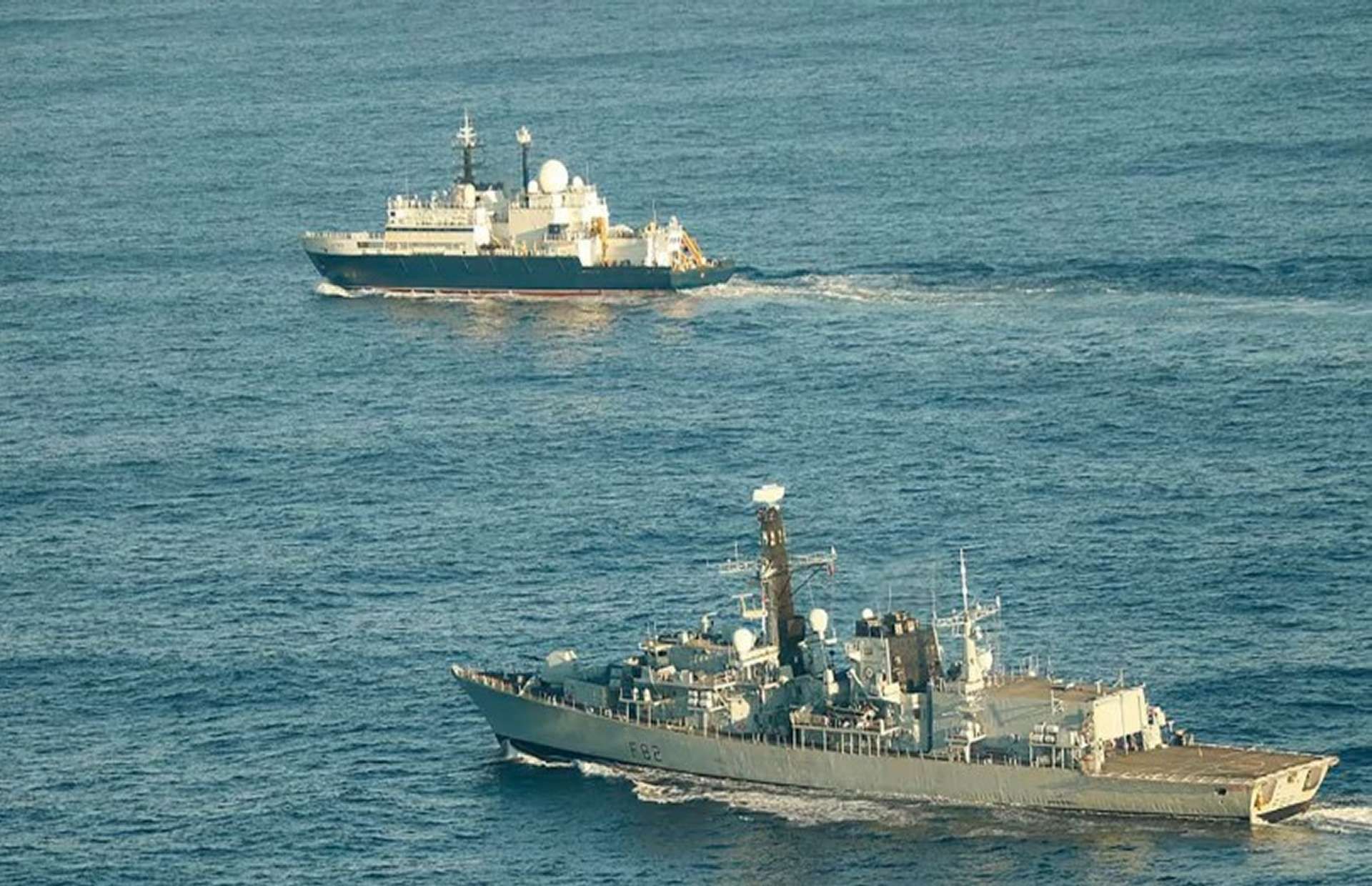 Royal Navy frigate HMS Somerset and RAF Poseidon aircraft shadow the Russian intelligence vessel Yantar as it approaches UK waters north of Scotland, amid rising concerns that the seabed warfare ship is mapping and probing critical British undersea cables (UK Navy).