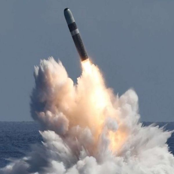 The Trident II D5 is a three-stage, solid-fuel SLBM carrying MIRVs with stellar-inertial guidance and a ~12,000 km range, providing high-precision sea-based nuclear deterrence (Picture source: U.S. Navy).