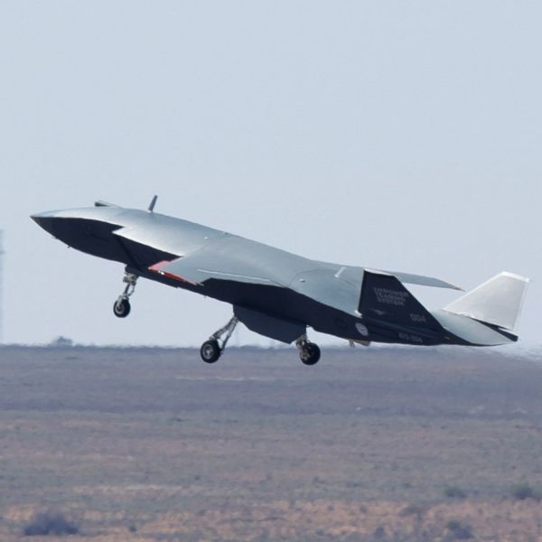 An MQ-28A Ghost Bat takes off during a test flight at Woomera, South Australia, on September 5, 2025.