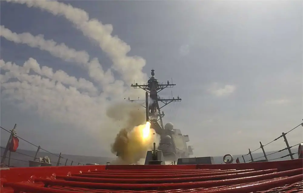 U.S. Navy Arleigh Burke-class guided-missile destroyer USS Frank E. Petersen Jr. (DDG 121) launches a Tomahawk Land Attack Missile during Operation Epic Fury, demonstrating the U.S. Navy’s ability to conduct long-range precision strikes against high-value targets from standoff distances while sustaining distributed maritime firepower.