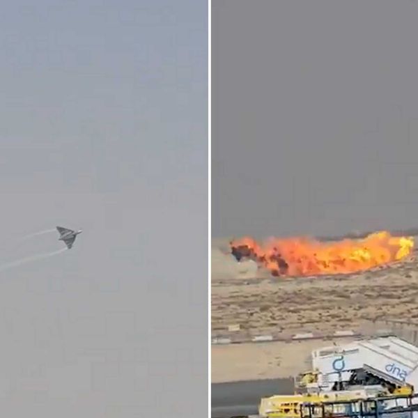 An Indian Air Force Tejas Light Combat Aircraft seen moments before and during its fatal crash at Dubai Airshow 2025, where the fighter lost control during a low-altitude aerobatic maneuver, resulting in the death of the pilot and raising urgent questions about the jet’s flight safety and system reliability.