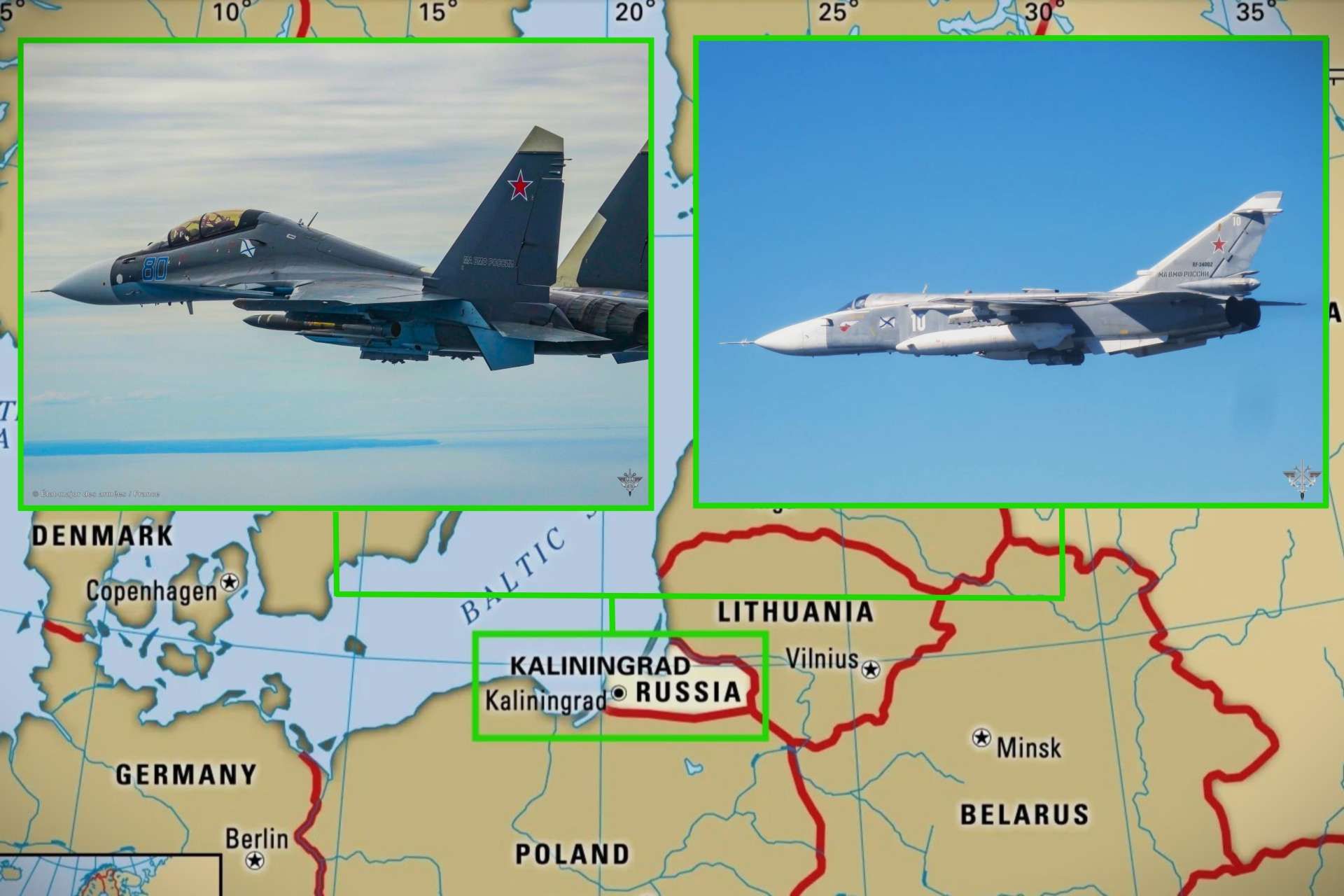 Russia’s Baltic Fleet used Su-24M bombers and Su-30SM2 fighters in Kaliningrad to rehearse strike missions against convoys, command posts, infrastructure and warships, highlighting capabilities relevant to NATO reinforcement routes and Baltic Sea operations (Picture Source: French MoD / Britannica / Edited By Army Recognition Group)
