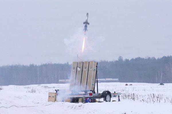An IonStrike counter-UAS interceptor launches from a multi-cell launcher during Project Bullfrog testing on February 4, 2026, at an undisclosed location in Europe, demonstrating a new low-cost kinetic defense capability against one-way attack drones.