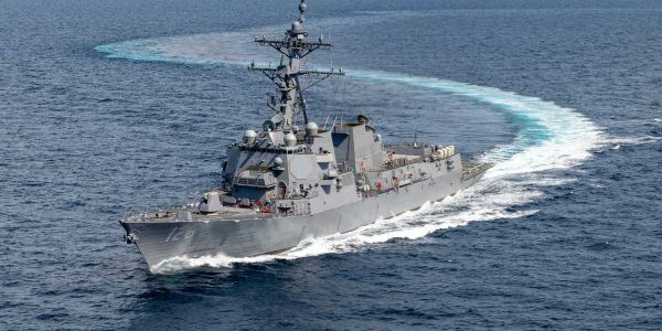 The U.S. Navy USS Ted Stevens (DDG 128), a Flight III Arleigh Burke-class destroyer, sails at sea during trials.