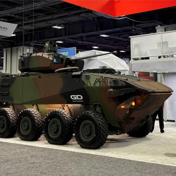 ARV-30 Advanced Reconnaissance Vehicle displayed by General Dynamics Land Systems at Modern Day Marine 2026, showcasing a 30mm-armed 8×8 reconnaissance vehicle designed to enhance U.S. Marine Corps networked warfare capabilities.