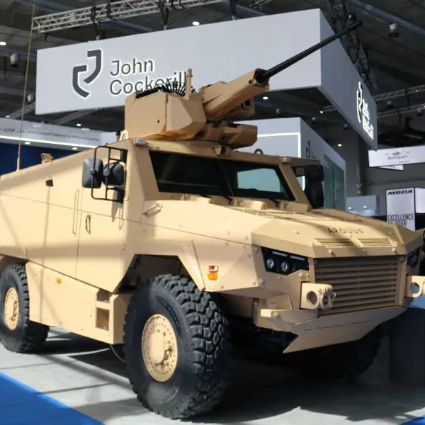ARQUUS MAV’RX 4x4 armored vehicle displayed at WDS 2026 in Saudi Arabia, fitted with the John Cockerill Defense CLWS unmanned weapon station armed with a medium-caliber automatic cannon.