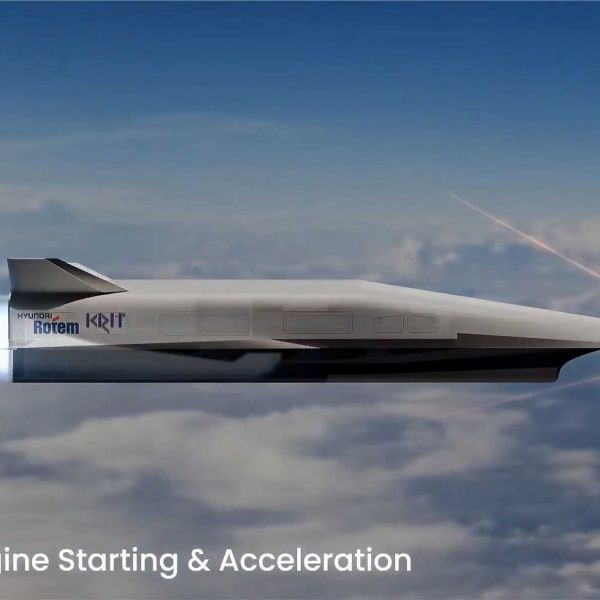 Screenshot from Hyundai Rotem video released on February 19, 2026, showing an artistic rendering of South Korea’s new air-launched hypersonic anti-ship cruise missile variant derived from the Hycore program.