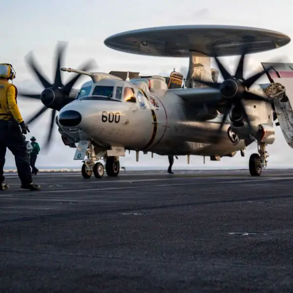 E-2D Advanced Hawkeye from USS Abraham Lincoln provides real-time airborne command and control during Operation Epic Fury, detecting Iranian missiles and drone swarms at long range while coordinating integrated air and missile defense across U.S. naval and joint forces.