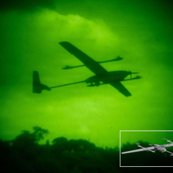 A U.S. Marine from 4th Marine Regiment operates a VXE30 Stalker drone during a combined UAS and LAAD training event at Camp Schwab, Okinawa, on December 3, 2025. (Picture source: US DoD)