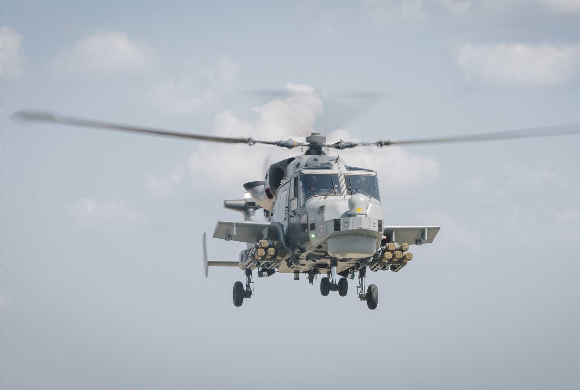 British Royal Navy Wildcat HMA2 helicopter armed with Martlet lightweight multirole missiles deployed at British Forces Cyprus to strengthen counter-drone air defense amid rising regional tensions